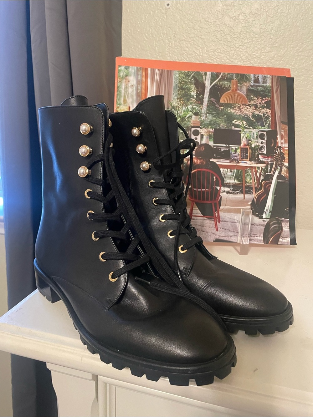 Black Lace-Up Combat Boots with Pearl Accents